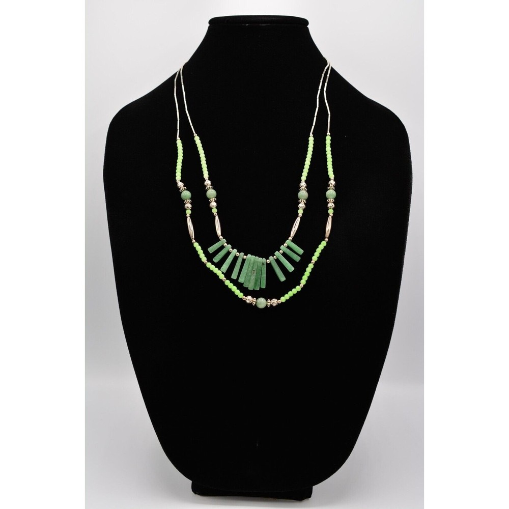 Vintage Green Cabochon Beaded Necklace Green Faux Jade Silver Tone Layered Bin2C