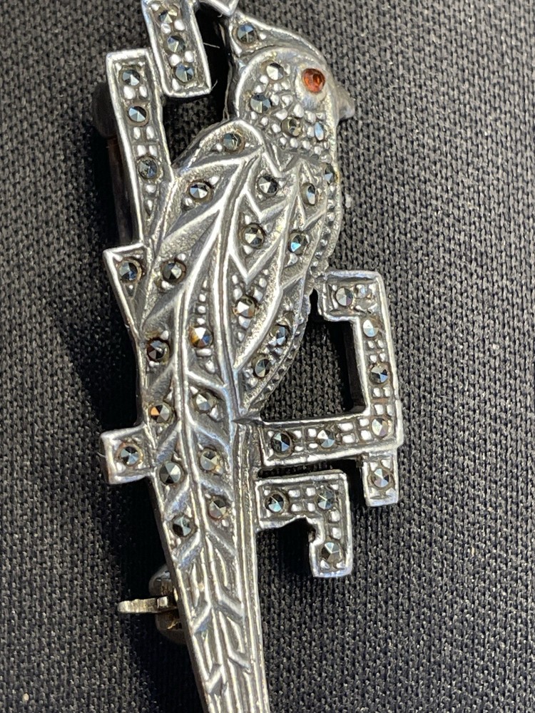 Sterling Silver Marcasite Parrot Brooch Marked