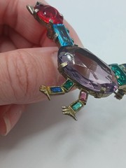1940s Pot Metal Bird Brooch Rhinestone Figural fruit salad purple glass Vintage