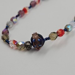 Vintage Artisanal Glass Bead Necklace Iridescent Crystal Boho Toggle Clasp