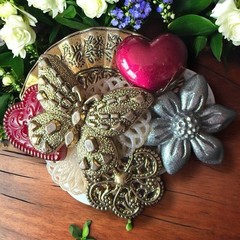 Handmade Assemblage Brooch Butterfly Heart Mixed Media Art Pin Vintage Buttons