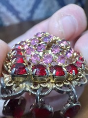 Vintage Gold Tone Red And Pink Dangling Lace Border Brooch