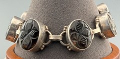 Vintage Bracelet Carved Rock Quartz Sterling Silver Link Crystal Smoky Quartz
