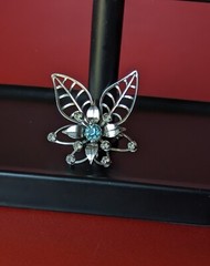 Vintage Silver Tone BLUE Rhinestone Flower LEAVES Open Work PENDANT Pin Brooch