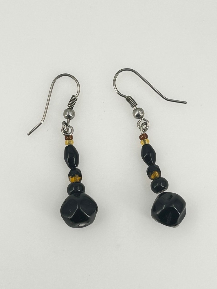 Beaded Dangle Drop Earrings Silver Tone Metal 1.75″ Length Black Amber Glass