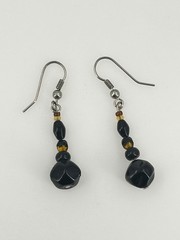 Beaded Dangle Drop Earrings Silver Tone Metal 1.75″ Length Black Amber Glass
