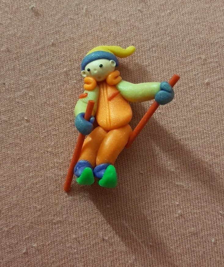 CUTE nice Vintage Poland Polymer Clay Skier Brooch Pin
