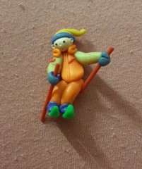 CUTE nice Vintage Poland Polymer Clay Skier Brooch Pin