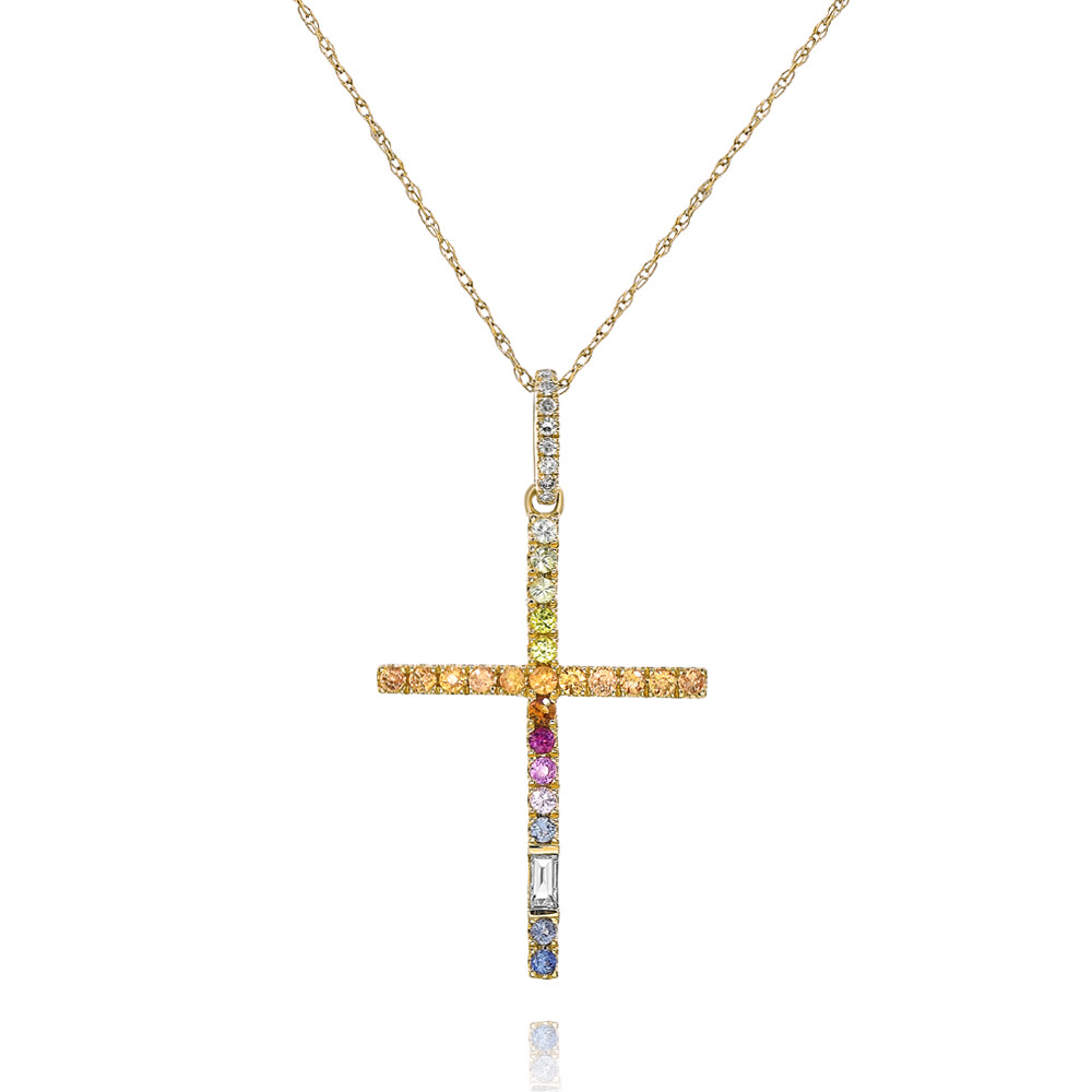 .39CT DIAMOND & AAA MULTI COLOR SAPPHIRE 14KT YELLOW GOLD CROSS FLOATING PENDANT