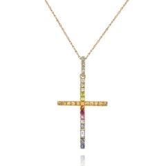 .39CT DIAMOND & AAA MULTI COLOR SAPPHIRE 14KT YELLOW GOLD CROSS FLOATING PENDANT