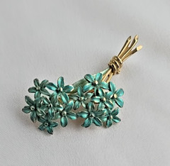 Vtg Pastelli Enamel and Goldtone Brooch Blue Teal Floral Flower Bouquet 2 inches