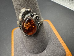 Vintage Baltic Amber Sterling Silver 925 Ring Teardrop Cabochon Ornate Sz 9.75