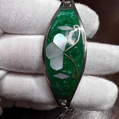 Vintage Alpaca Mexico Abalone Bangle Bracelet Silver Tone 7.5″ Green Enamel