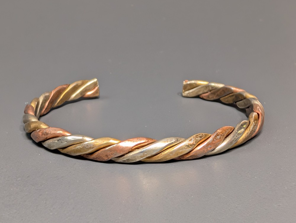 Copper Brass Silver Plated Cuff Bracelet Twisted Mixed Metal 7″ Vintage