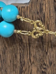 Double Strand Chunky Turquoise Color Blue Bead Necklace Gold Tone Dragon Pendant