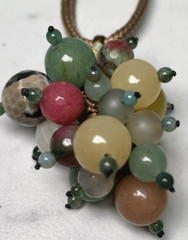 Vintage Jade Grape Necklace Cluster Beads gem stone mix On Long cord Multi Color