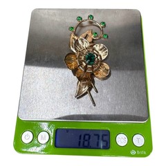 Vintage Sterling Silver Man Made Emerald Floral Brooch Gold Vermeil Intricate 3″