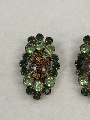 Documented Juliana D&E UV Reactive Art Glass Green Rhinestone Clip Earrings