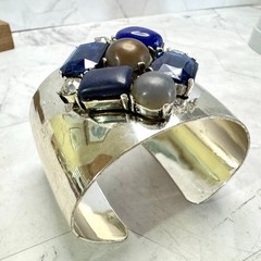 Silver Tone Rhinestone Wide Cuff Bracelet Statement Blue Bezel Cabochon Stones