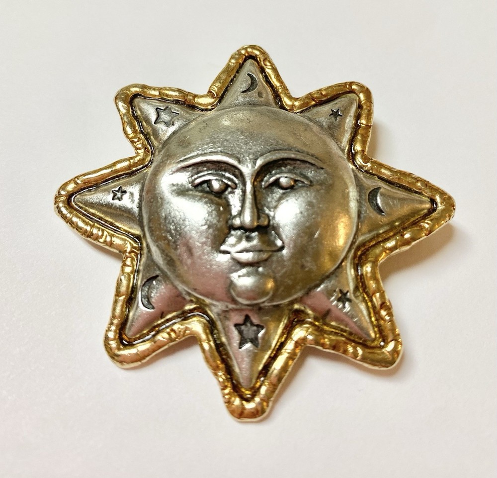 VTG Sun Face Pin Brooch~Signed JJ Jonette~Silver/Gold Tone Pewter~Free Shipping!