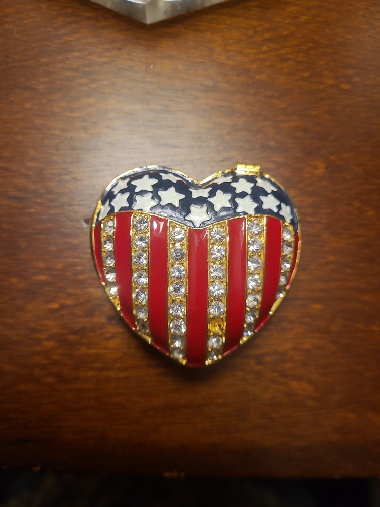 Patriotic Gold Toned W/Rhinestone Trinket Metal Heart Shaped Pill Box