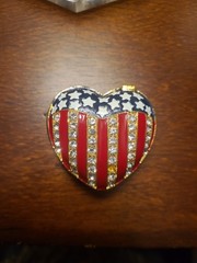 Patriotic Gold Toned W/Rhinestone Trinket Metal Heart Shaped Pill Box