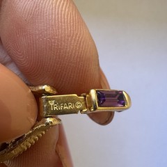 Vintage Crown Trifari Gold tone Pink Purple Rhinestone Bracelet 7” Signed