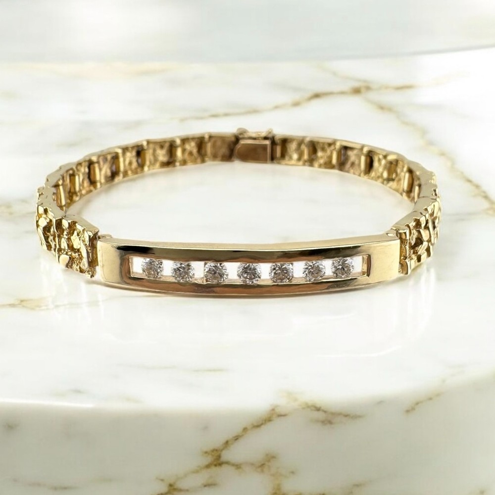 Vintage 14K Gold Nugget Style Link Bracelet 0.49ct Diamond Bar Unisex, 7″ 18.4g