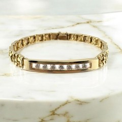 Vintage 14K Gold Nugget Style Link Bracelet 0.49ct Diamond Bar Unisex, 7″ 18.4g