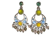 Vintage Silver Pierced Earrings with Light Blue, Yellow & Lavender Crystals