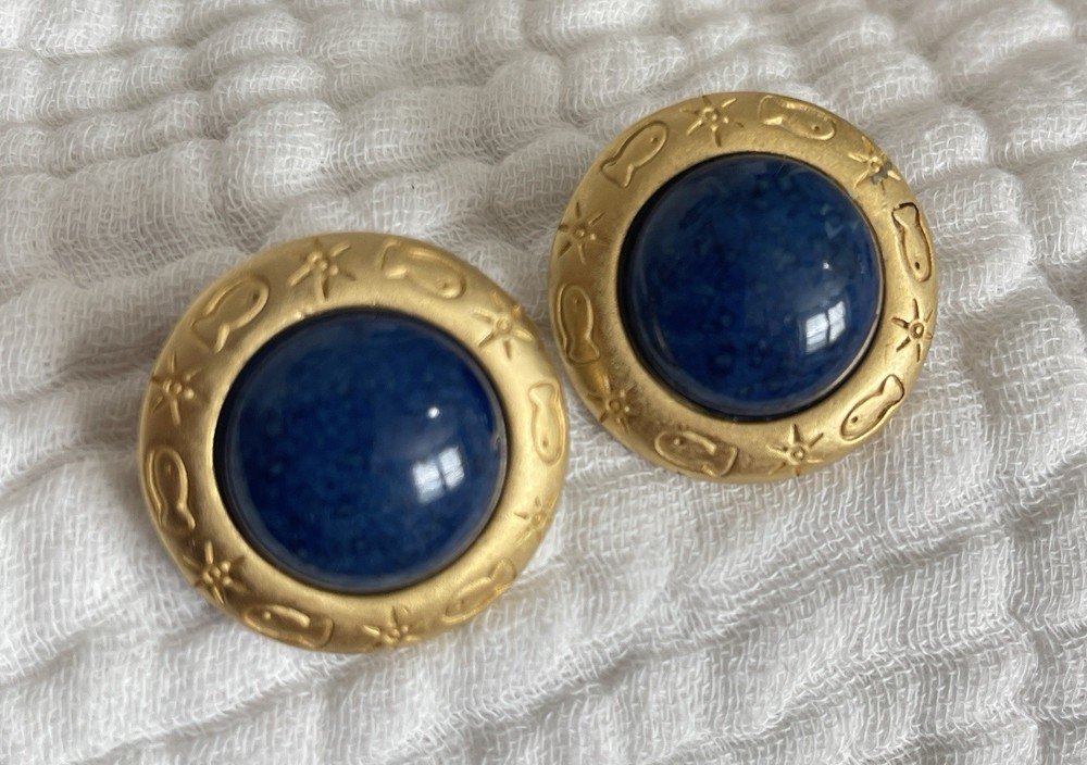 Liz Claiborne Vintage Pierced Earrings w Blue Lapis Stone Gold Tone Etched Ring