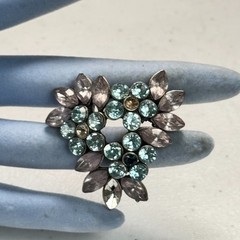 Vintage Brooch Ice Blue & Smoky Gray Rhinestone Leaf Heart Wreath Silver Tone