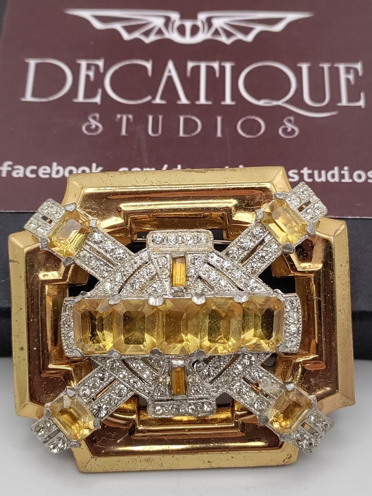 McClelland Barclay Large Citrine & Clear Rhinestone Art Deco Brooch
