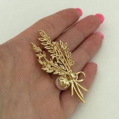 Ladies Clear CZ Flower Plant Faux Pearl Gold Tone Sparkly Brooch Pin Pendant