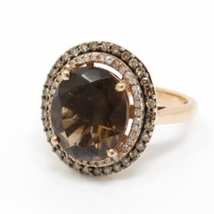 NYJEWEL 14k Rose Gold White & Colored Diamond Smoky Quartz Halo Ring