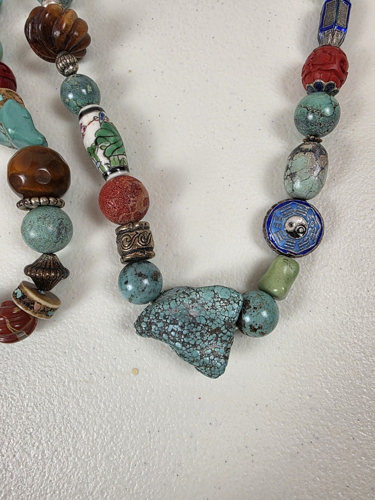 2 VTG Costume Jewelry Multi Stone Necklaces Turquoise Glass Beads Metal Spacers