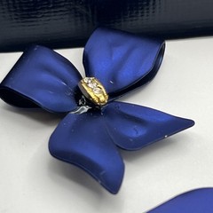 Tona Bow Brooch & Pierced Earrings Set Blue Clear Rhinestone