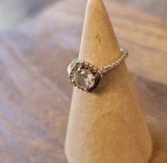 Vtg Gold Tone Engagement Ring, Clear Stone Halo Setting Pave Band, Size 4.25