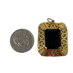 Vintage Edlee Pendant Dark Red Glass Ornate Open Scroll Gold Tone Rectangle