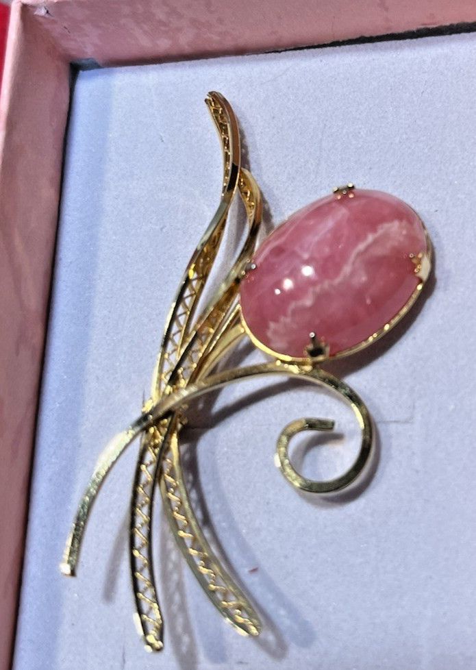 Vintage 1/20 12K Gold Filled Brooch & Oval Rhodochrosite 3/4″ L Gold Stem & Leaf