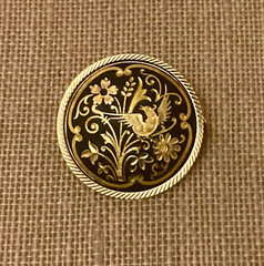 Vintage Damascene Brooch Lot Bird Floral Black Gold Tone Trombone Clasp