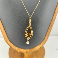 Edwardian Style 10k Gold Lavalier Pendant with Red Stone and Seed Pearl In Box
