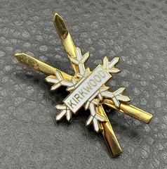 Kirkwood Gold Tone White Enamel Snowflake Ski Crossed Ski Snow Brooch Pin