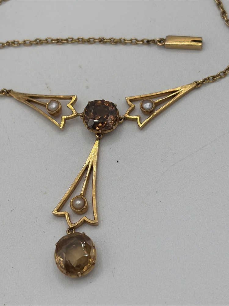 Antique 15K Gold Filigree Lavaliere Y Necklace Seed Pearls 9 Grams Stamp 15C