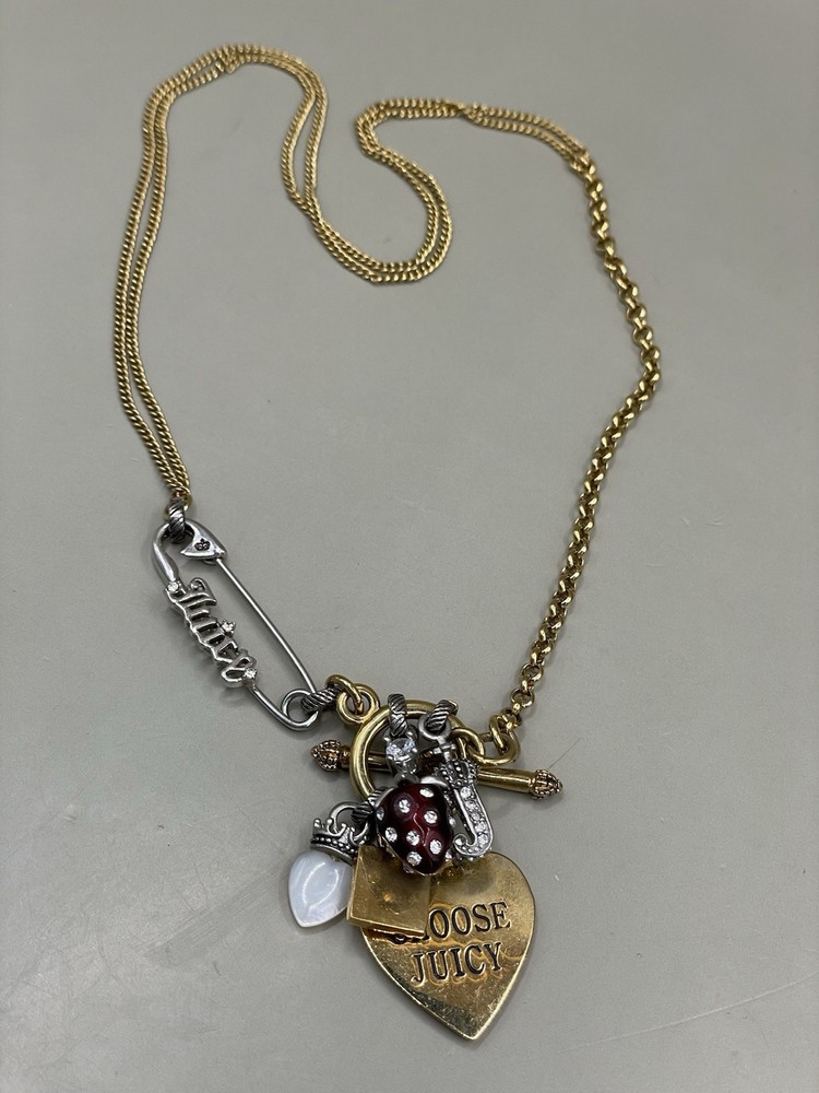 JUICY COUTURE Two Tone Safety Pin Hearts Strawberry Letter J Charm Necklace READ