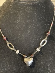 Vintage J&I Sterling Silver Puffy Heart W Amethyst And Milky Quartz Necklace