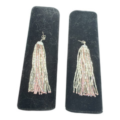 Vintage Beaded Dangle Earrings Silver & Pink Pierced Earrings 3.25″L