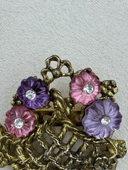 Vintage Victorian Revival Flower Basket Brooch Gold Tone Molded Glass Rhinestone