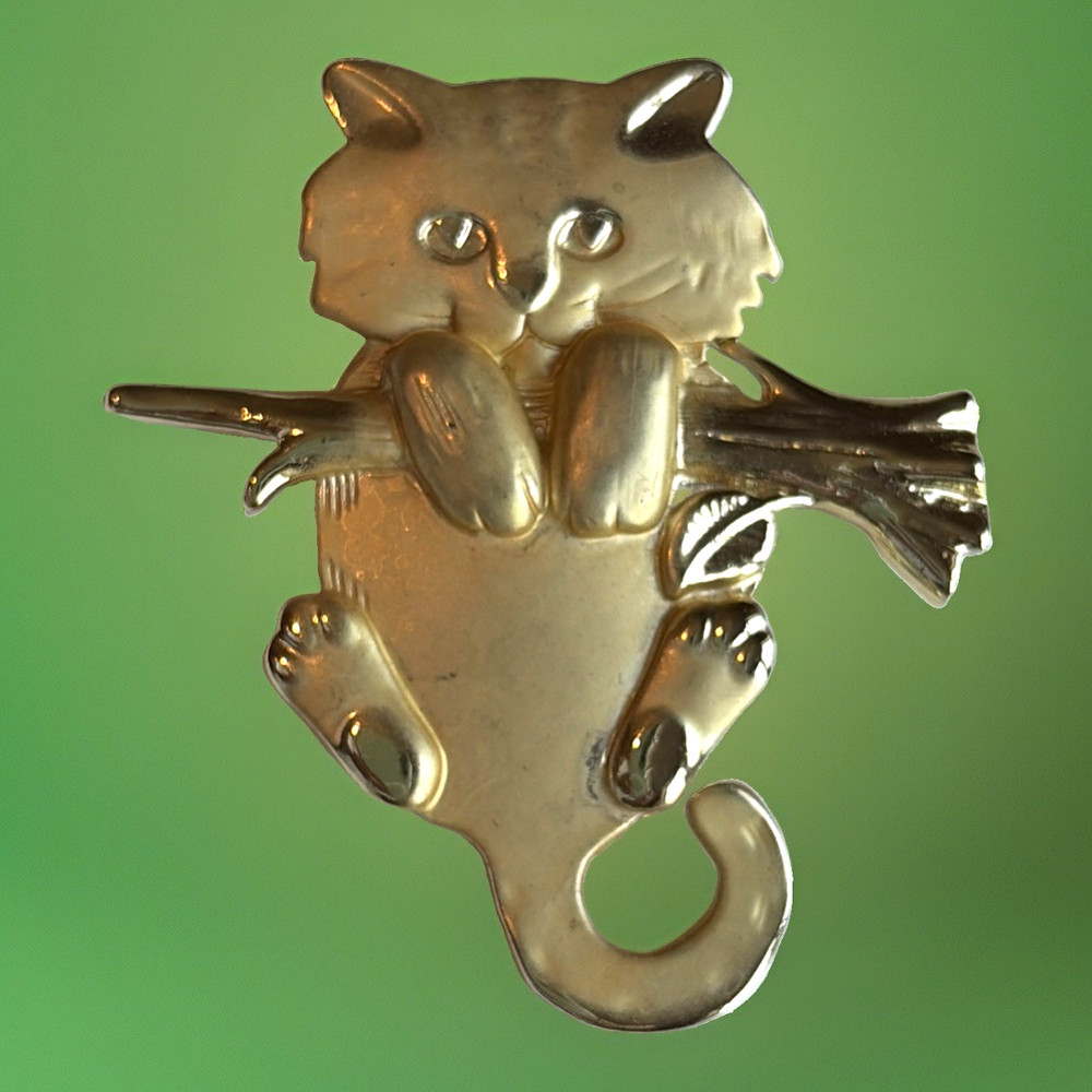 Vintage AJC Gold Tone Cat Kitten Pin Brooch Matte & Shiny Hanging On Branch