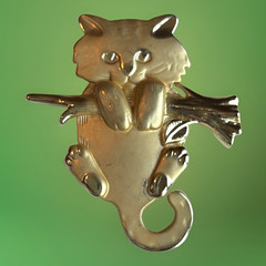 Vintage AJC Gold Tone Cat Kitten Pin Brooch Matte & Shiny Hanging On Branch